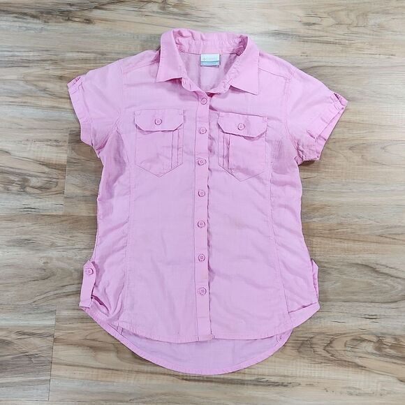 🐞Columbia Pink Camp Henry Buttoned Short Sleeve Top Medium - Picture 2 of 16